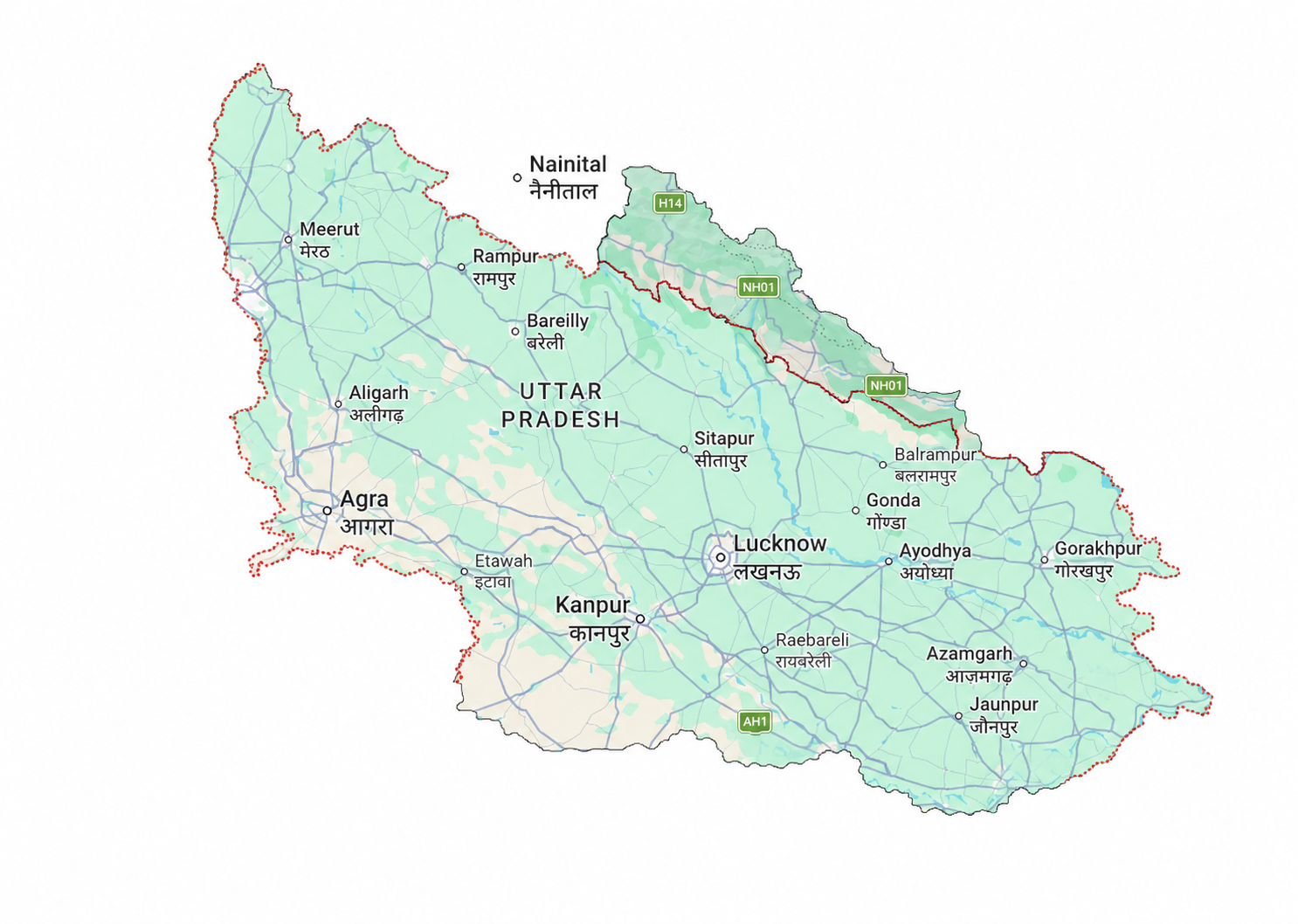 Uttar Pradesh map showing the red-dotted state boundary and major cities